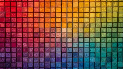 Poster - Vibrant Colorful Square Tile Mosaic Abstract Art Red Orange Yellow Green Blue Purple Hues tiles squares