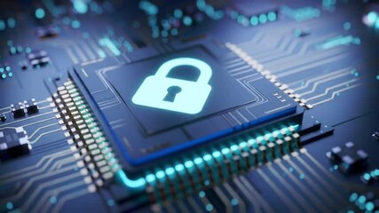 Poster - Glowing Blue Padlock on a Computer Chip Representing Cybersecurity with Intricate Circuits and Modern Tech Aesthetic