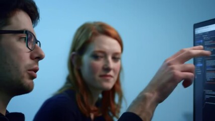 Poster - Man Pointing at Code on Computer Screen with Red Haired Woman in Blue Office