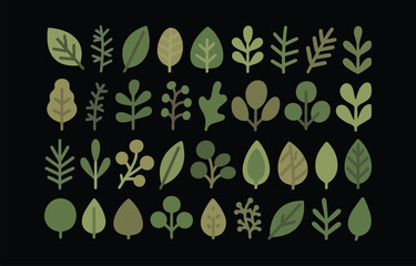 Poster - Collection of thirty six flat green leaves and branches illustrations