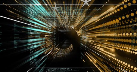 Poster - Golden-dot clusters igniting while panels gliding and beams converging drawing viewer to bright end