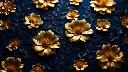 Poster - Golden Floral Embellishments A Luxurious Navy Blue and Gold Flower Design
