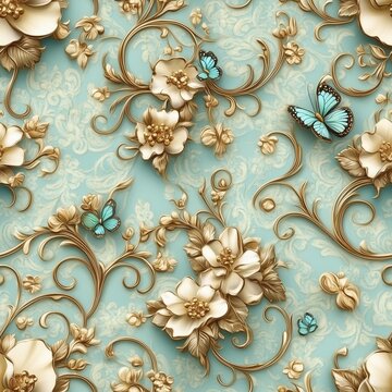 A seamless 3D rendering of ornate golden scrolls and white flowers with delicate blue butterflies on a turquoise background, perfect for classic luxury.