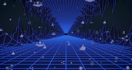Poster - Social media icons fading into view drifting through blue wireframe tunnel showing network flow