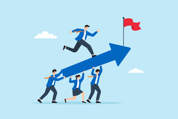 Poster - Flat illustration of business team supporting upward arrow while leader runs on top to reach red flag symbolizing achievement and collective success
