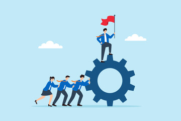 Poster - Flat illustration of business leader holding flag on top of giant gear powered by team members to symbolize teamwork and driving success together