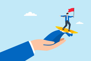 Aufkleber - Flat illustration of businessman leader surfing on giant hand wave of support while holding flag to symbolize business achievement and trust