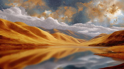 surreal landscape of floating warm hills with peaceful water reflection under cloudy sky filled with