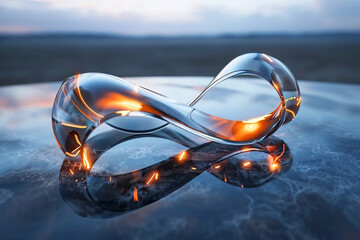 An artistic glass sculpture with a glowing orange infinity loop design reflecting on a textured surface.