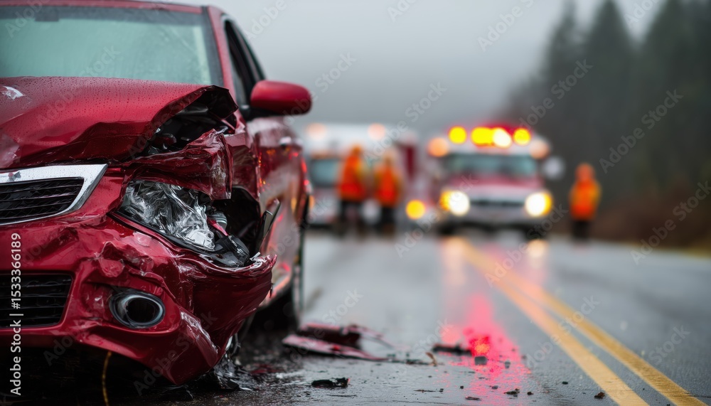a heavily wrecked red car in rainy weather, parked on roadside after ...