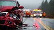 © sukarman - a heavily wrecked red car in rainy weather, parked on roadside after accident, broken front bumper and crushed headlights, emergency team and ambulance in background