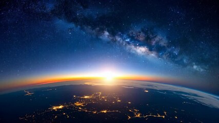 Wall Mural - Aerial view of Earth at sunrise with vibrant milky way galaxy, city lights glow on the surface with deep blue skies full of stars