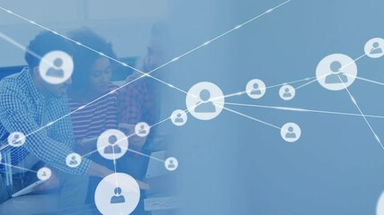 Poster - Team pointing at business data and passing tablet, illustrating collaboration with user-icon nodes