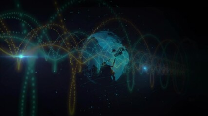 Poster - Point appearing sending waveforms rippling while digital globe rotating to visualize network