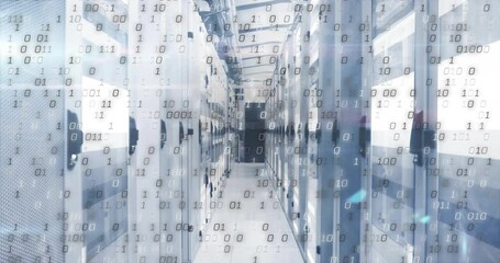 Poster - Camera moving through server aisle, drifting binary streams syncing lights, visualizing data flow