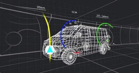 Poster - Minivan starting navigation with path appearing, gauges rising and arrow pulsing for route guidance