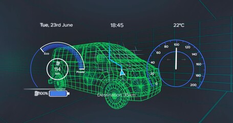 Poster - Battery icon reaching full charge starting wireframe van driving toward 35km with pulsing Eco gauge