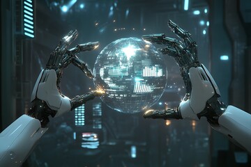 Poster - Robotic hands displaying a glowing sphere of digital data in a futuristic technological scene