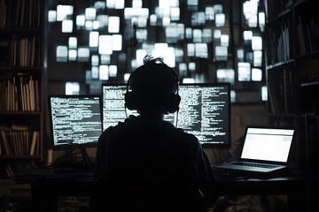 Poster - Silhouetted figure working on coding computer screens in a dark room with data streams