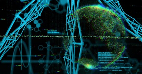 Poster - Data band rising lattice beams linking code scrolling sphere materializing rotating showing network