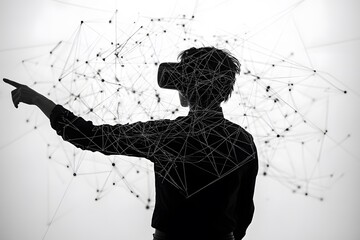 Poster - Silhouette of person wearing vr headset interacting with digital network of lines