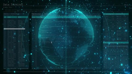 Poster - Terminal executing deploy microcode, code scrolling, globe rotating, charts updating for monitoring