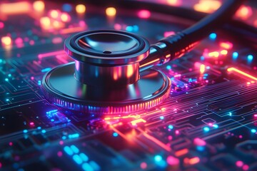 Poster - Stethoscope resting on a futuristic circuit board demonstrating digital health technology