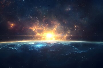 Wall Mural - Stunning celestial landscape featuring a glowing sunset above an exoplanet's atmosphere and galaxy
