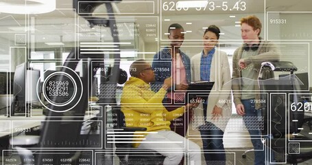 Poster - Red-haired man pointing at laptop initiating team analyzing charts during business review in office