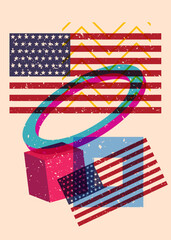 Poster - Risograph American Flag with geometric shapes. Objects in trendy riso graph print texture style design with geometry elements.