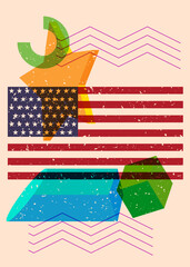 Poster - Risograph American Flag with geometric shapes. Objects in trendy riso graph print texture style design with geometry elements.