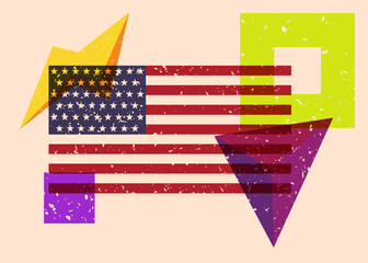 Poster - Risograph American Flag with geometric shapes. Objects in trendy riso graph print texture style design with geometry elements.