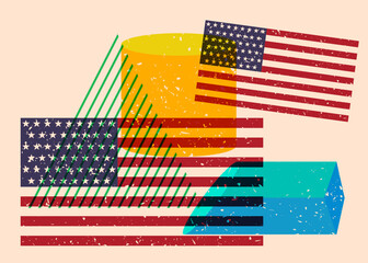 Poster - Risograph American Flag with geometric shapes. Objects in trendy riso graph print texture style design with geometry elements.