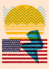 Poster - Risograph American Flag with geometric shapes. Objects in trendy riso graph print texture style design with geometry elements.