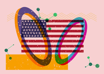 Poster - Risograph American Flag with geometric shapes. Objects in trendy riso graph print texture style design with geometry elements.