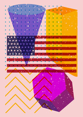 Poster - Risograph American Flag with geometric shapes. Objects in trendy riso graph print texture style design with geometry elements.