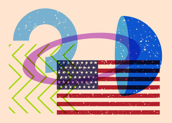 Poster - Risograph American Flag with geometric shapes. Objects in trendy riso graph print texture style design with geometry elements.