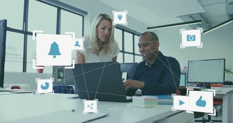 Poster - Man typing on laptop, woman leaning discussing as user and play icons fading on business network