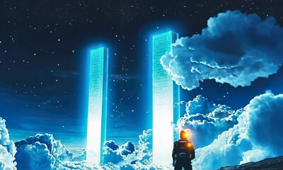 Poster - Astronaut gazes at glowing portals above clouds at night