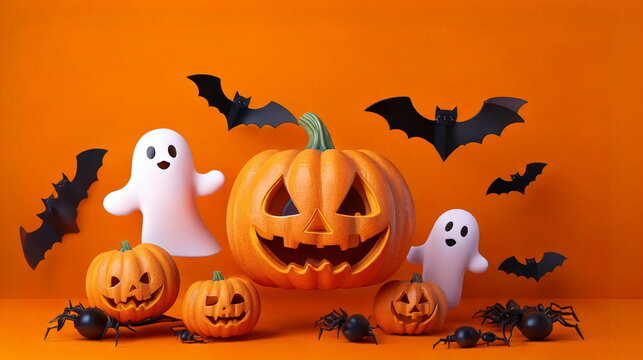 Cute 3D Jack-o'-Lantern Pumpkins, Flying Ghosts and Bats for Halloween Celebration