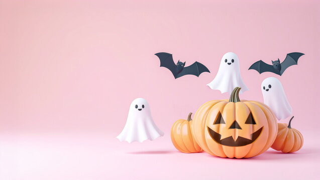 Cute 3D Jack-o'-Lantern Pumpkins, Flying Ghosts and Bats for Halloween Celebration