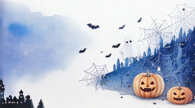 Watercolor Illustration of Jack-o'-Lantern Pumpkins, Flying Ghosts and Bats for Halloween Celebration