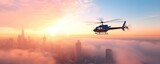 Helicopter flight above city sunrise