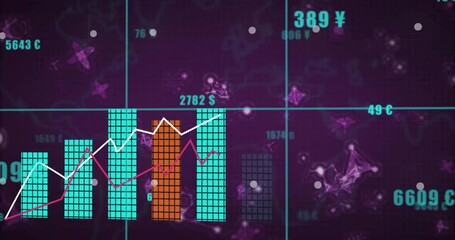 Poster - Pointer starting animation, cyan-orange bars rising as white-magenta lines tracking currency trends