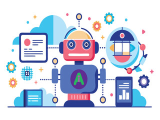 Poster - Ai robot connected to devices and data cloud isolated on white background
