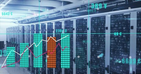 Poster - Startup animating server racks with overlays sliding bars and rising lines for data monitoring