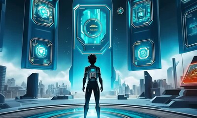 Poster - Futuristic digital portal, a player stands before glowing, technological panels, overlooking a city skyline