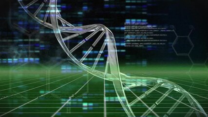 Poster - Green grid lighting activating DNA helix rotating while code fading visualizing genetic data flow