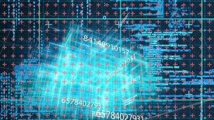 Aufkleber - Every second teal wireframe box rotating and updating numbers while scrolling code for data display