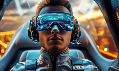 Aufkleber - Futuristic pilot wearing advanced VR headset